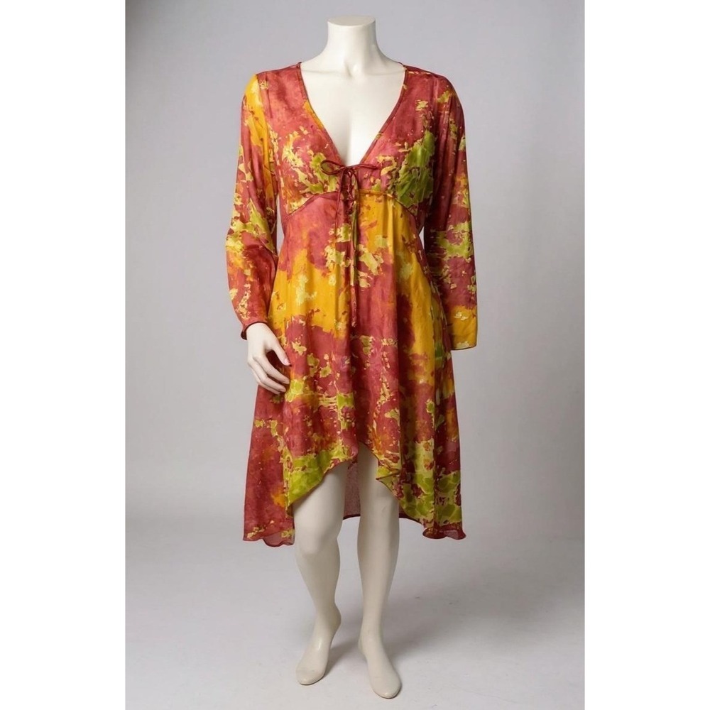 90s Y2K Style 101 Sheer Tie Dye Beach Cover Dress With Tie Front Detail Size M